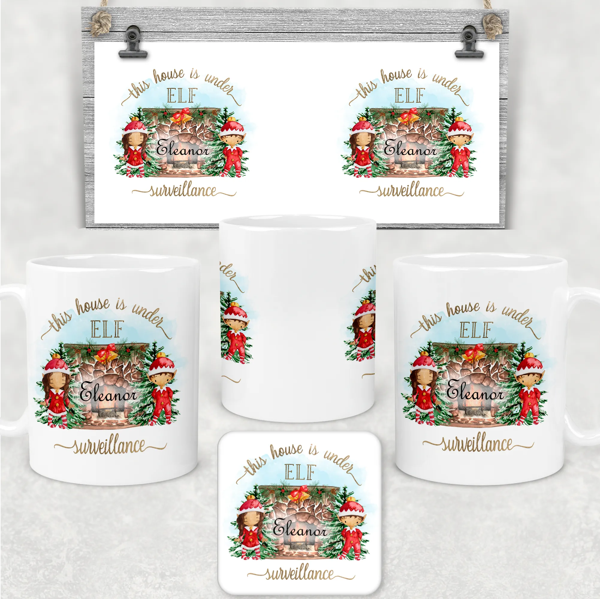 This House is Under Elf Surveillance Personalised Christmas Eve Mug and Coaster Set