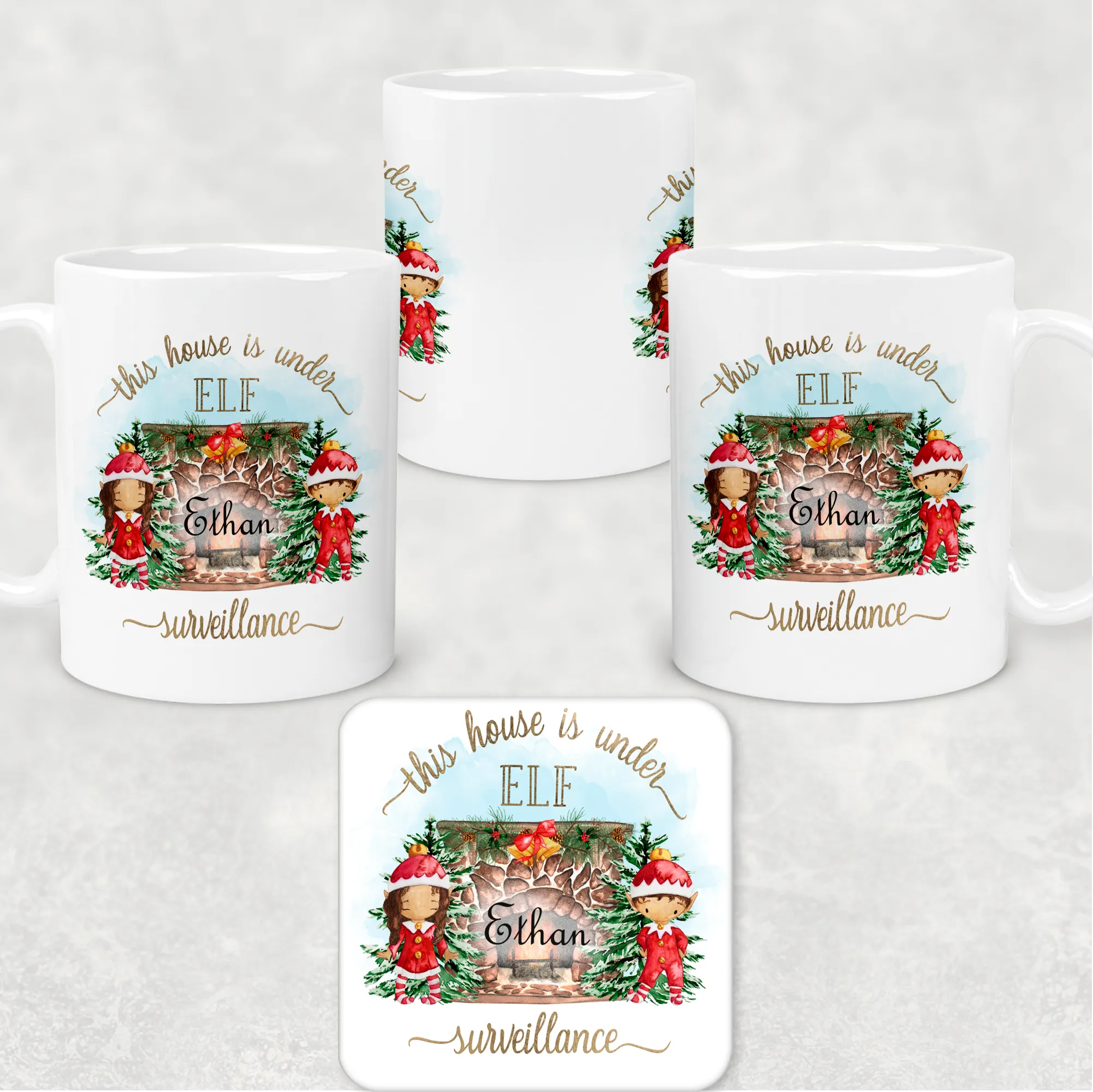 This House is Under Elf Surveillance Personalised Christmas Eve Mug and Coaster Set