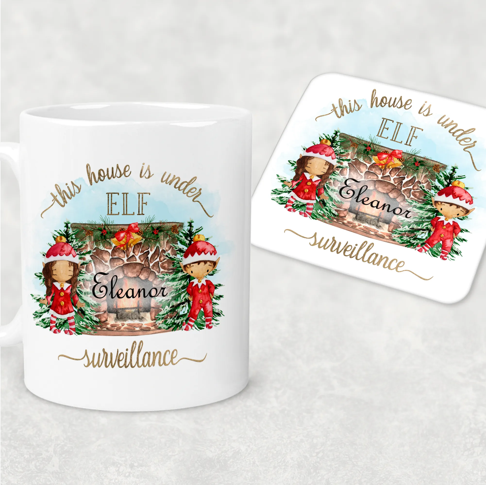 This House is Under Elf Surveillance Personalised Christmas Eve Mug and Coaster Set