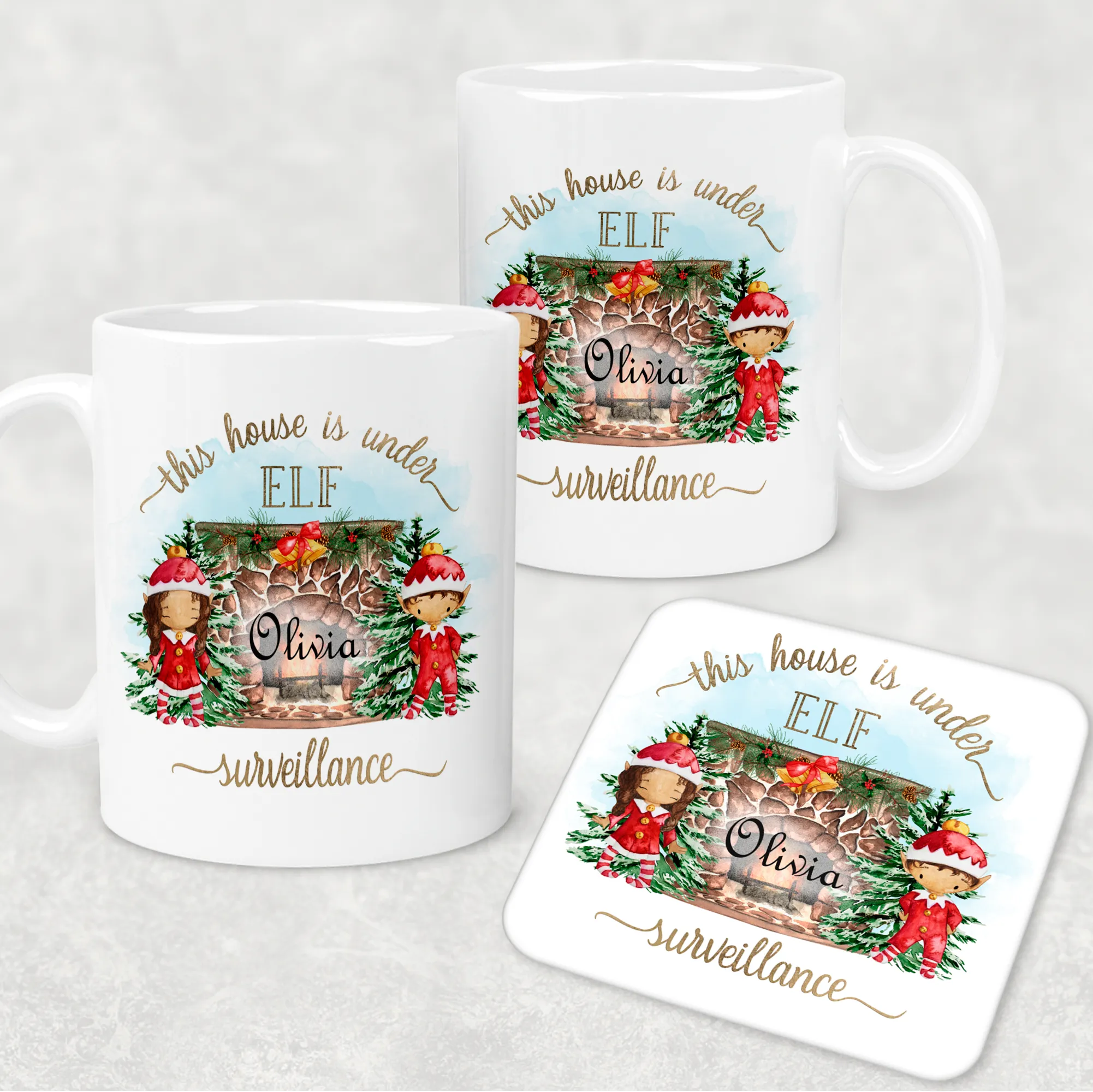 This House is Under Elf Surveillance Personalised Christmas Eve Mug and Coaster Set