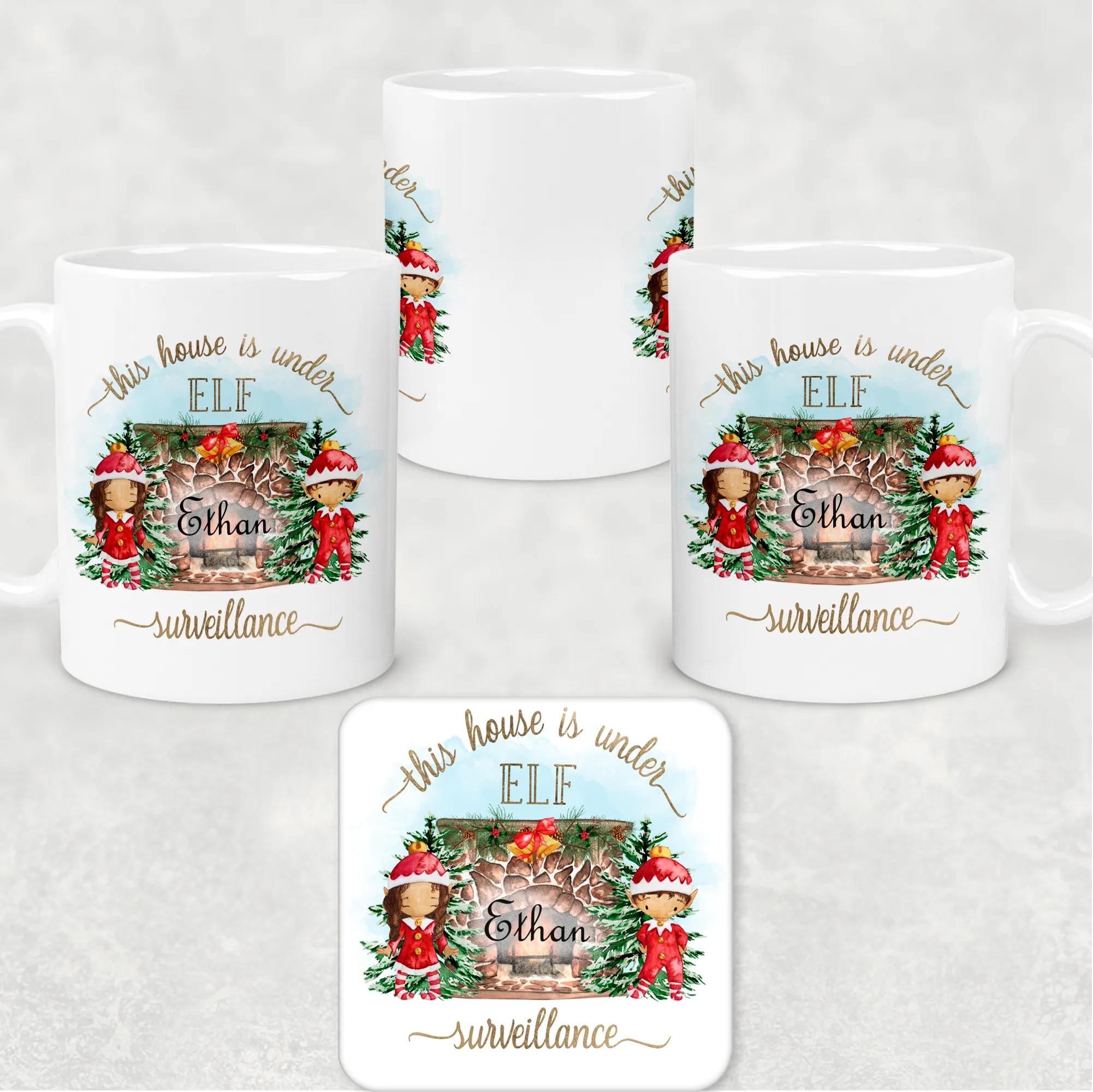 This House is Under Elf Surveillance Personalised Christmas Eve Mug and Coaster Set