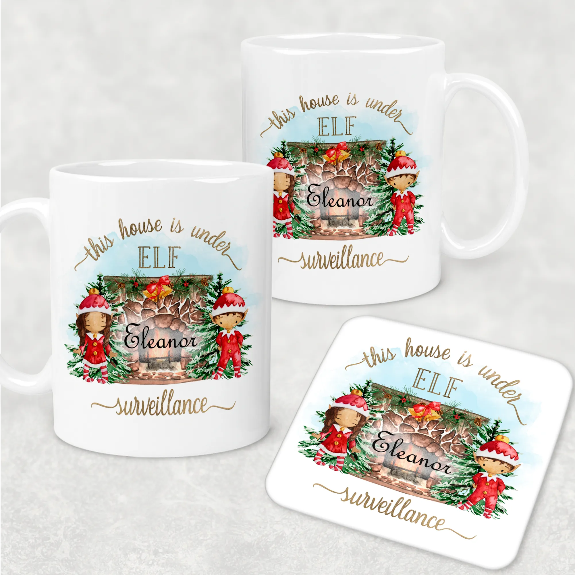 This House is Under Elf Surveillance Personalised Christmas Eve Mug and Coaster Set