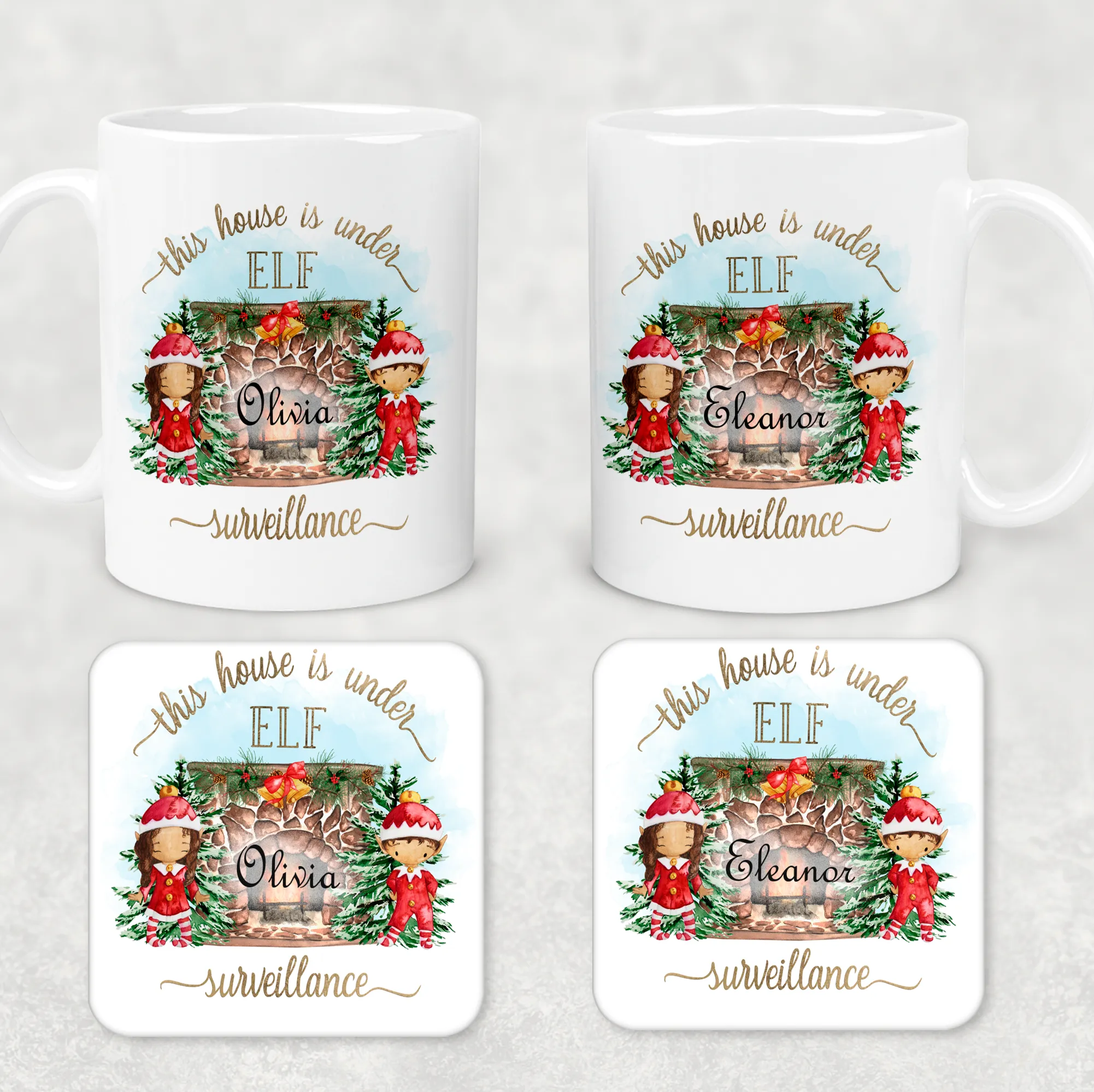 This House is Under Elf Surveillance Personalised Christmas Eve Mug and Coaster Set