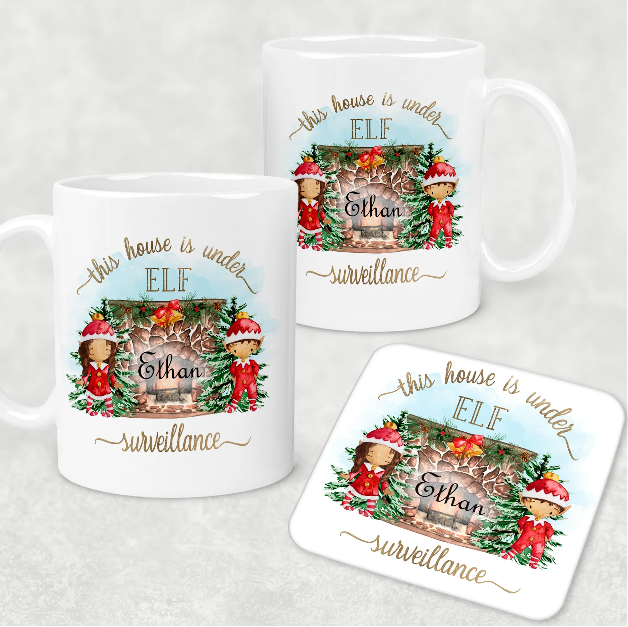 This House is Under Elf Surveillance Personalised Christmas Eve Mug and Coaster Set