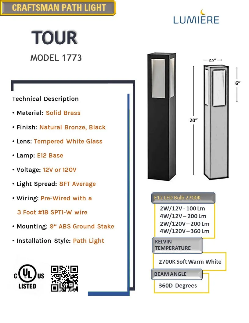 Tour Solid Brass Craftsman Bollard Pathway Light