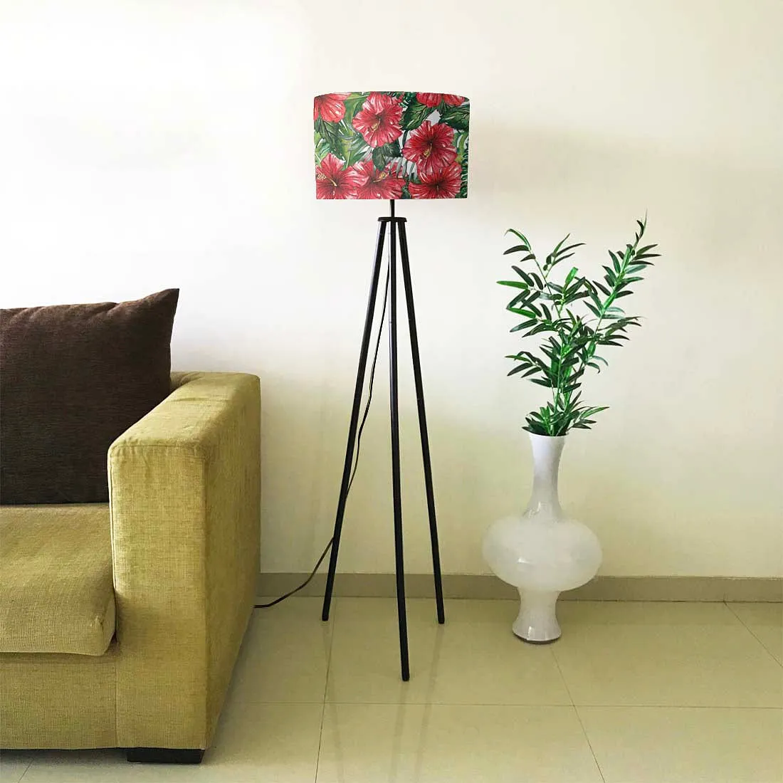 Tripod Standing Floor Lamp -Watercolor Hibiscus