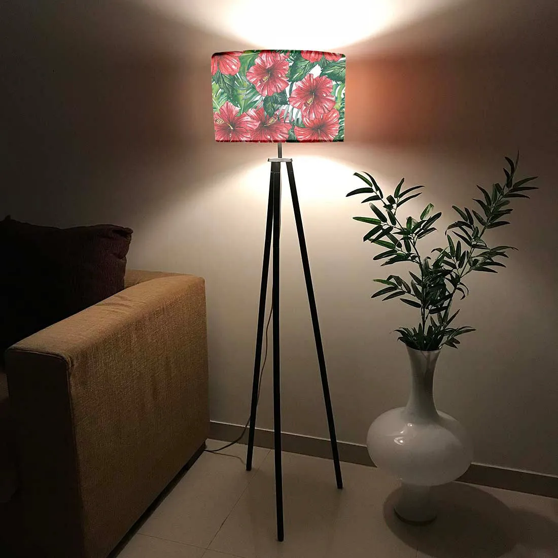 Tripod Standing Floor Lamp -Watercolor Hibiscus