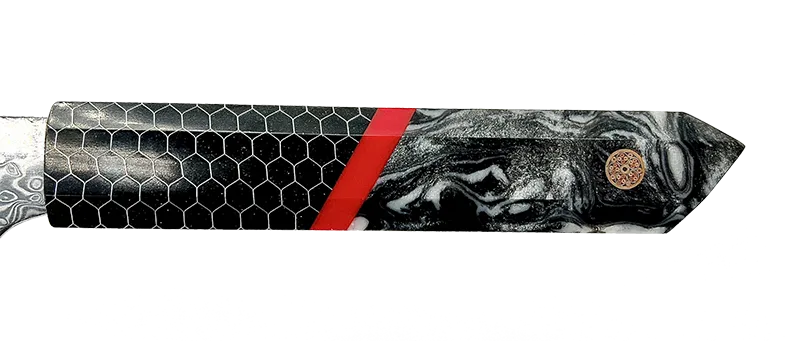 Tsunami Santoku Knife - Complete Knife with Honeycomb / Black & White Resin Octagonal Handles and Mosaic Pin - VG-10 Damascus Steel