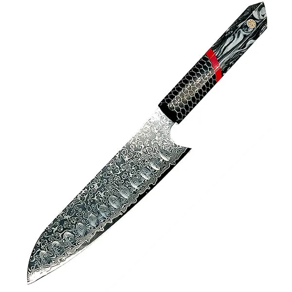 Tsunami Santoku Knife - Complete Knife with Honeycomb / Black & White Resin Octagonal Handles and Mosaic Pin - VG-10 Damascus Steel