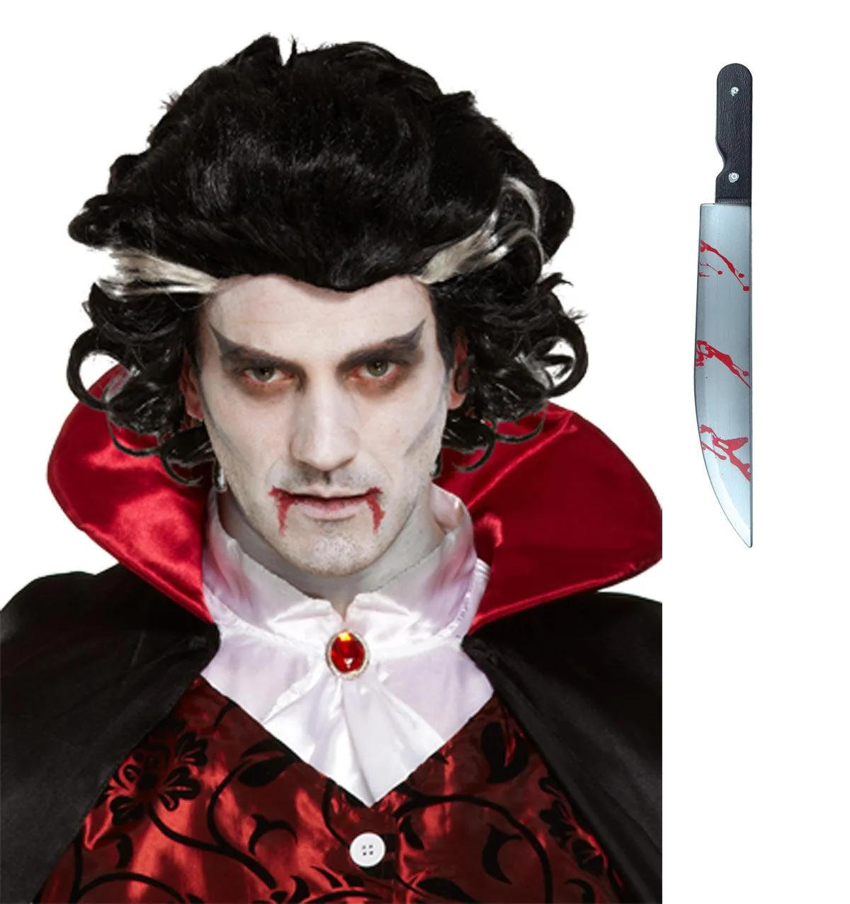 Vampire Wig Two Tone Black wig Blooded Kitchen Knife Halloween Spooky Scary Fancy Dress Set