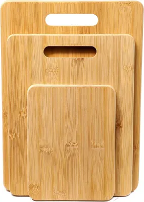 Wood Bamboo Cutting Board Set of 3 with Handle, Organic Wood Cutting Board for Chopping Meat, Butcher Block, Veggies & Cheese, for Kitchen