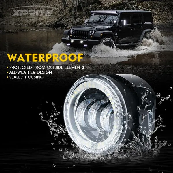 Xprite 4" CREE LED Fog Lights Land Rover Defender 90 / 110 w/Halo Ring DRL - Blue/Green/Red/White/Amber